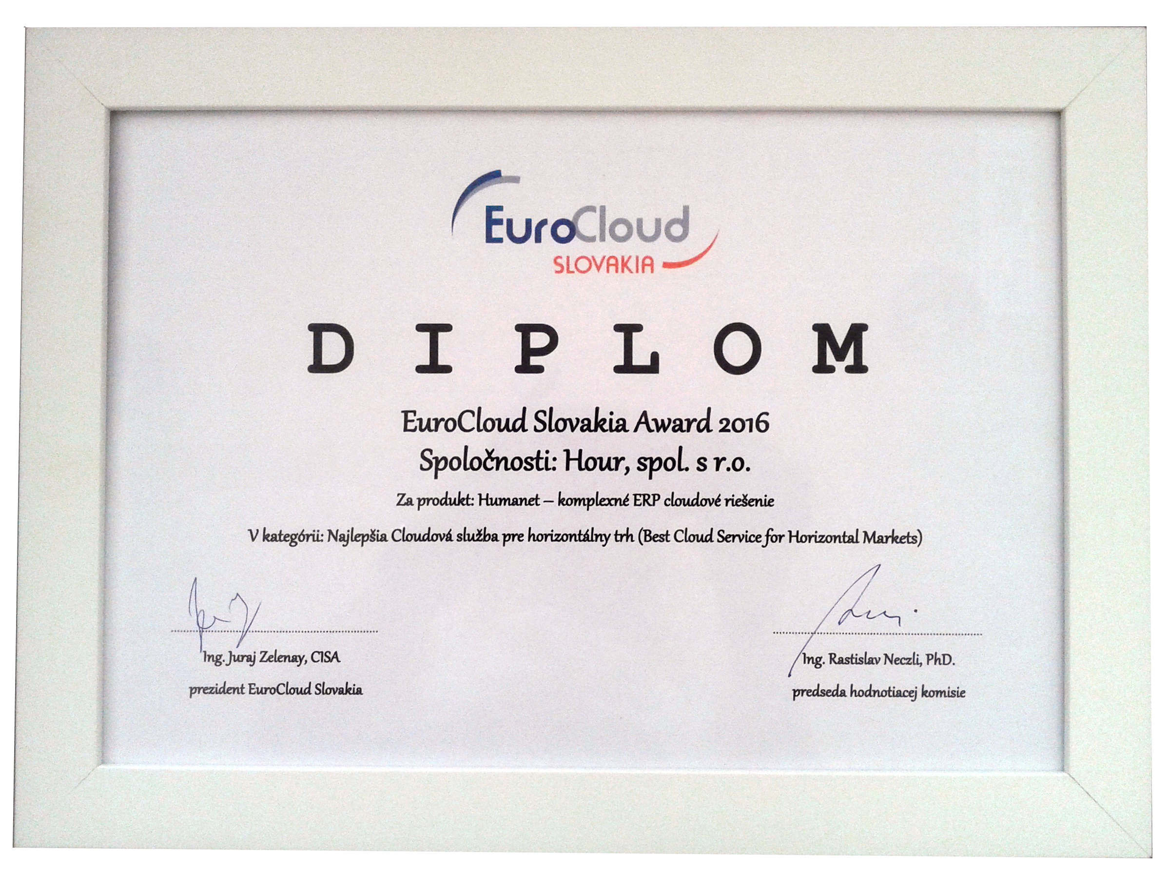 Diplom za 1. miesto Eurocloud Slovakia Award 2016 - projekt Humanet